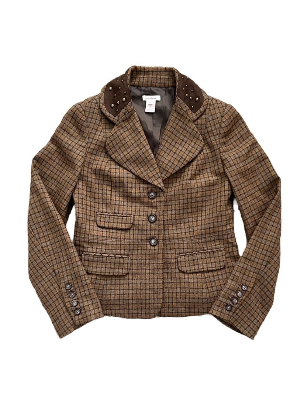 Sundance Catalog Wool Brown Plaid Studded Collar Western Blazer Jacket Size 6